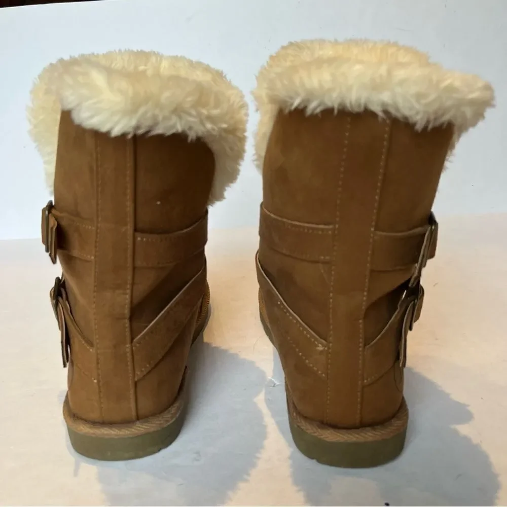 Air Walk Women's Mid Calf Boots Brown/Beige Size 7.5 Faux Fur Trim